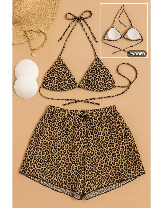 Omarı Leopar Desenli Bikini Mayo Seti