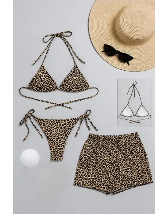 Omarı Leopar Desenli Bikini Mayo Seti