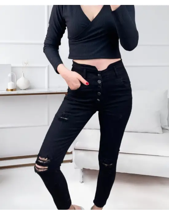 Kadın 5 Düğmeli V Detay Bel Yırtık Kot