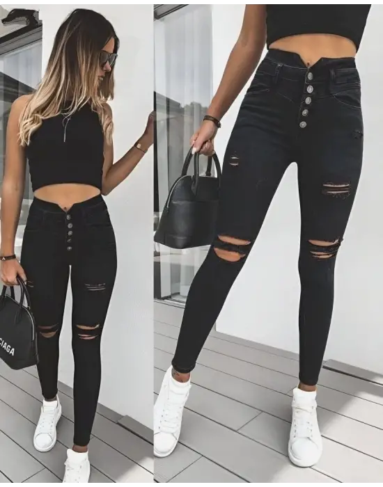 Kadın 5 Düğmeli V Detay Bel Yırtık Kot