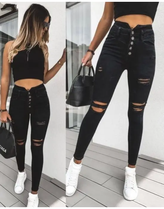 Kadın 5 Düğmeli V Detay Bel Yırtık Kot