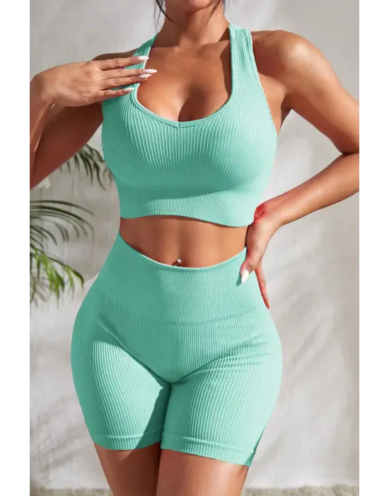 Omarı Açık Mavi Yüksek Bel Çapraz Sırt Detaylı Gecelik Takım