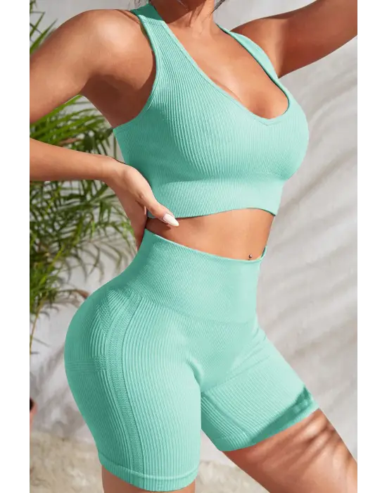 Omarı Açık Mavi Yüksek Bel Çapraz Sırt Detaylı Gecelik Takım