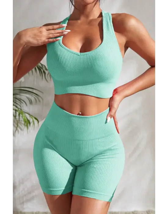 Omarı Açık Mavi Yüksek Bel Çapraz Sırt Detaylı Gecelik Takım