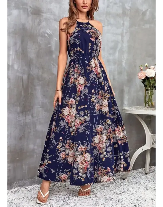 Omarı Açık Omuzlu Çiçek Desenli Süprem Elbise