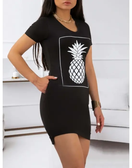 Kadın Ananas Baskılı Kısa Kol Viskon Elbise