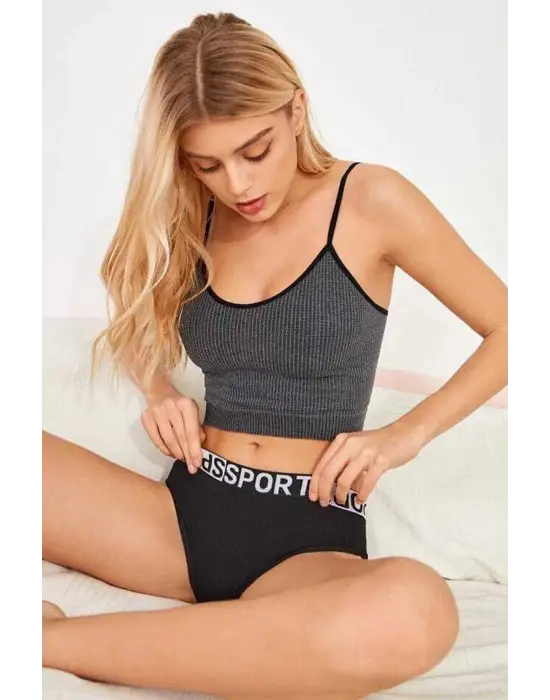 Omarı Antrasit Gri İp Askılı Crop Top Bluz