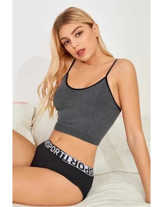 Omarı Antrasit Gri İp Askılı Crop Top Bluz