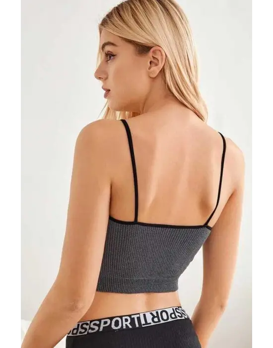 Omarı Antrasit Gri İp Askılı Crop Top Bluz