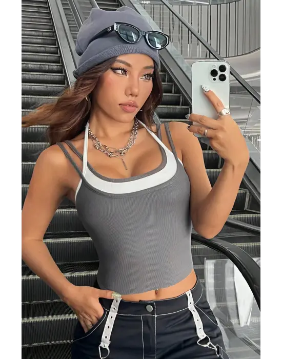 Omarı Antrasit Gri Beyaz Çapraz Askılı Crop Top Bluz