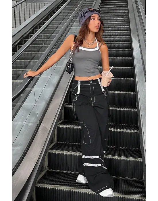 Omarı Antrasit Gri Beyaz Çapraz Askılı Crop Top Bluz