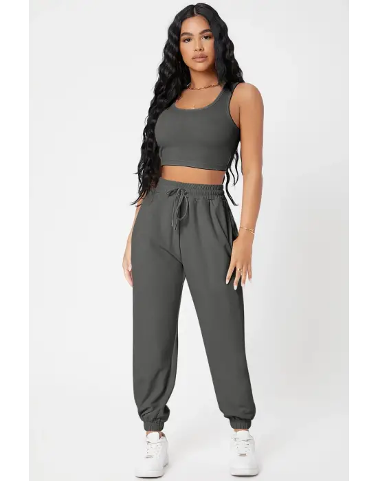 Omarı Antrasit Gri Kadın Kaşkorse Jogger Eşofman Seti