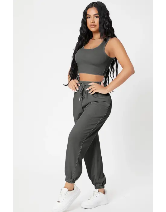 Omarı Antrasit Gri Kadın Kaşkorse Jogger Eşofman Seti