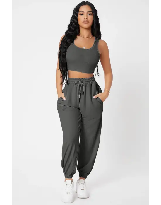 Omarı Antrasit Gri Kadın Kaşkorse Jogger Eşofman Seti