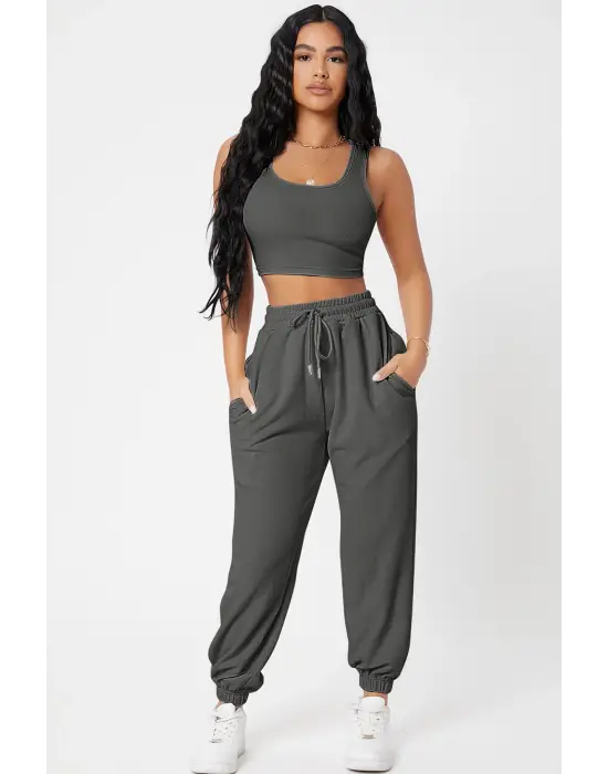 Omarı Antrasit Gri Kadın Kaşkorse Jogger Eşofman Seti