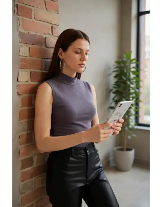 Kadın Antrasit Gri Kolsuz Balıkçı Yaka Basic Bluz