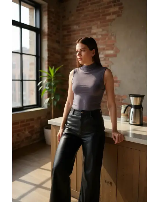 Kadın Antrasit Gri Kolsuz Balıkçı Yaka Basic Bluz