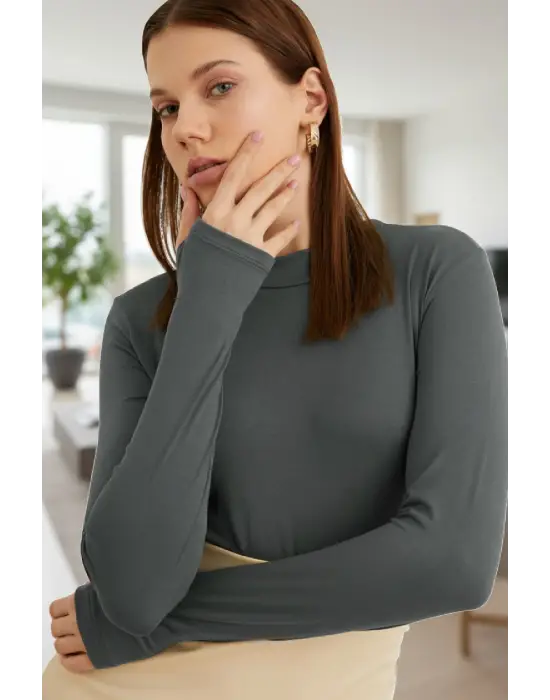 Kadın Antrasit Gri Parmak Detaylı Esnek Uzun Kollu Body