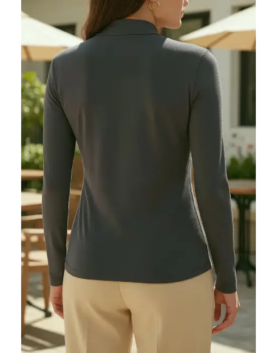 Kadın Antrasit Gri Parmak Detaylı Esnek Uzun Kollu Body