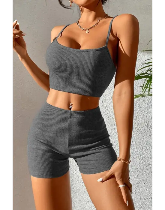 Omarı Antrasit Gri Kaşkorse Gecelik Takım