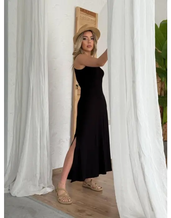 Kadın Arkadan çapraz Detay Yuvarlak Yaka Maksi Viskon Elbise