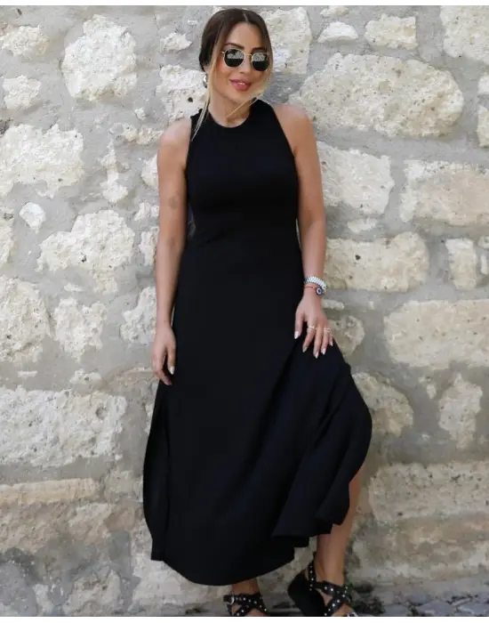 Kadın Arkadan çapraz Detay Yuvarlak Yaka Maksi Viskon Elbise