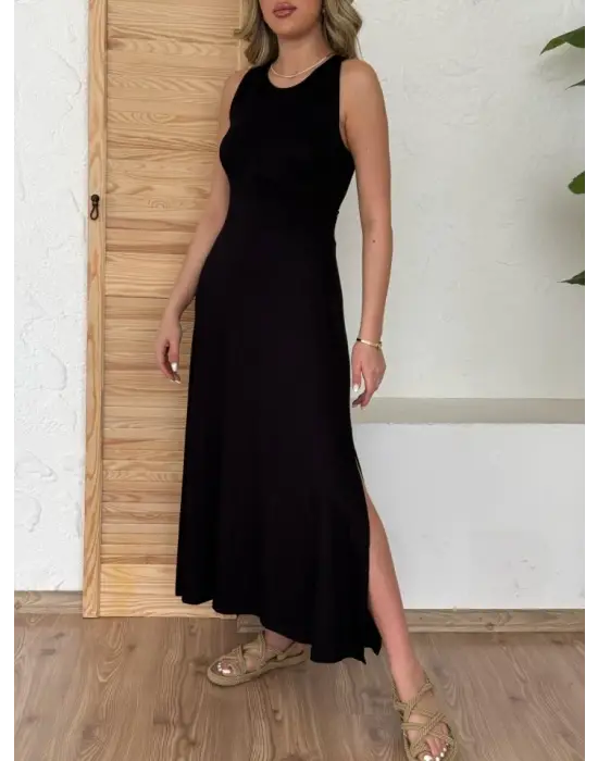 Kadın Arkadan çapraz Detay Yuvarlak Yaka Maksi Viskon Elbise