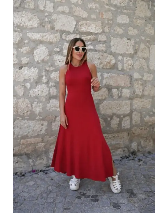 Kadın Arkadan çapraz Detay Yuvarlak Yaka Maksi Viskon Elbise