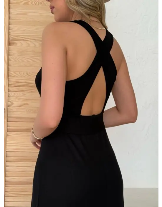 Kadın Arkadan çapraz Detay Yuvarlak Yaka Maksi Viskon Elbise