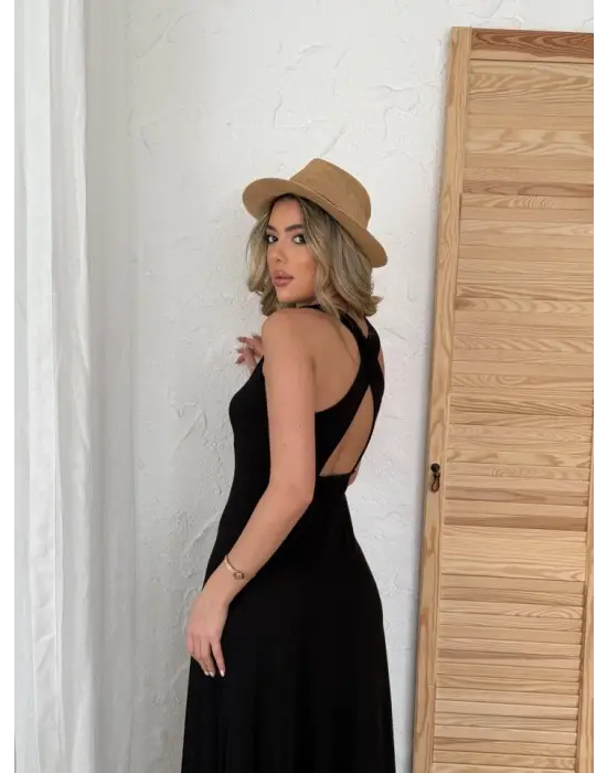 Kadın Arkadan çapraz Detay Yuvarlak Yaka Maksi Viskon Elbise