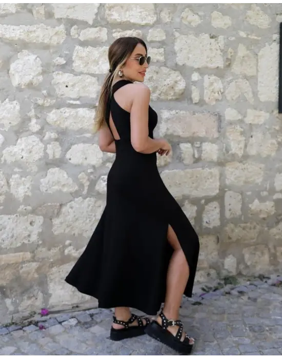 Kadın Arkadan çapraz Detay Yuvarlak Yaka Maksi Viskon Elbise