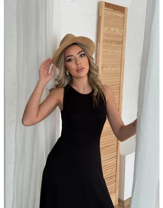 Kadın Arkadan çapraz Detay Yuvarlak Yaka Maksi Viskon Elbise