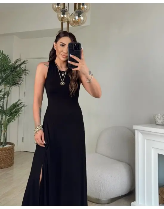 Kadın Arkadan çapraz Detay Yuvarlak Yaka Maksi Viskon Elbise