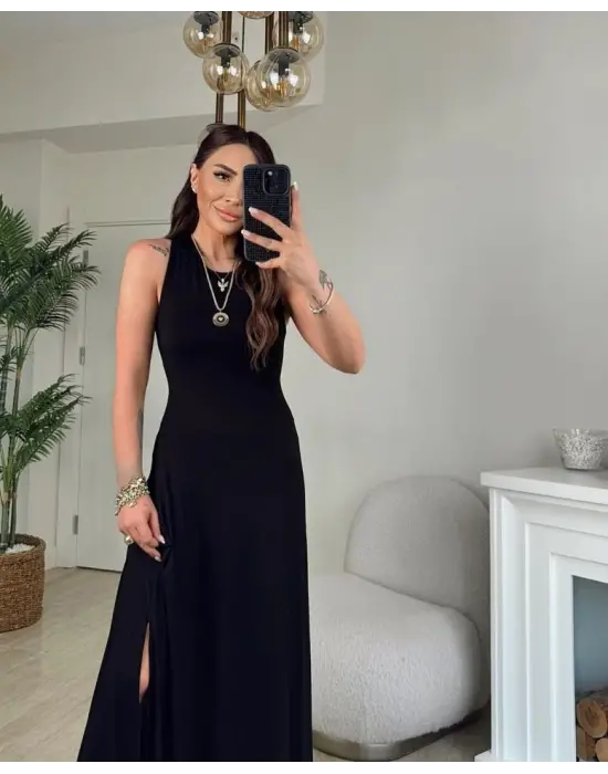 Kadın Arkadan çapraz Detay Yuvarlak Yaka Maksi Viskon Elbise