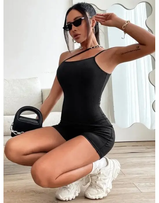 Kadın Asimetrik Askılı Mini Kaşkorse Bodycon Tulum