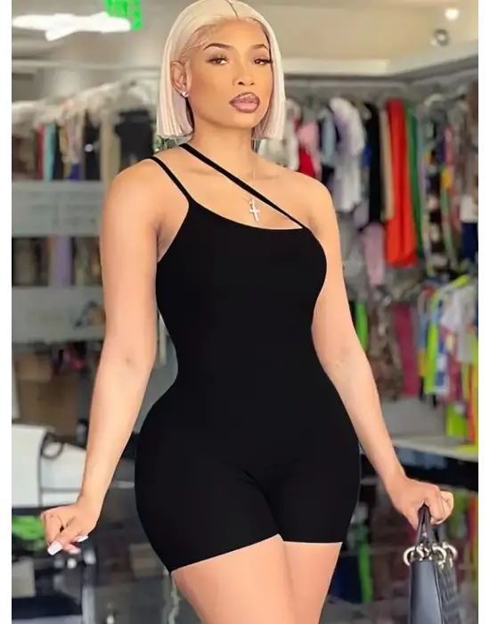 Omarı Asimetrik Askılı Mini Bodycon Tulum