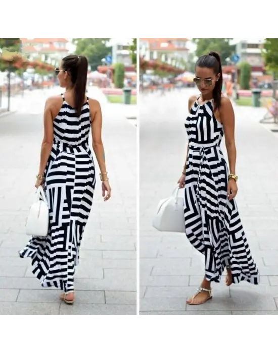 Kadın Askılı Belden Bağlamalı Geometrik Desen Krep Elbise