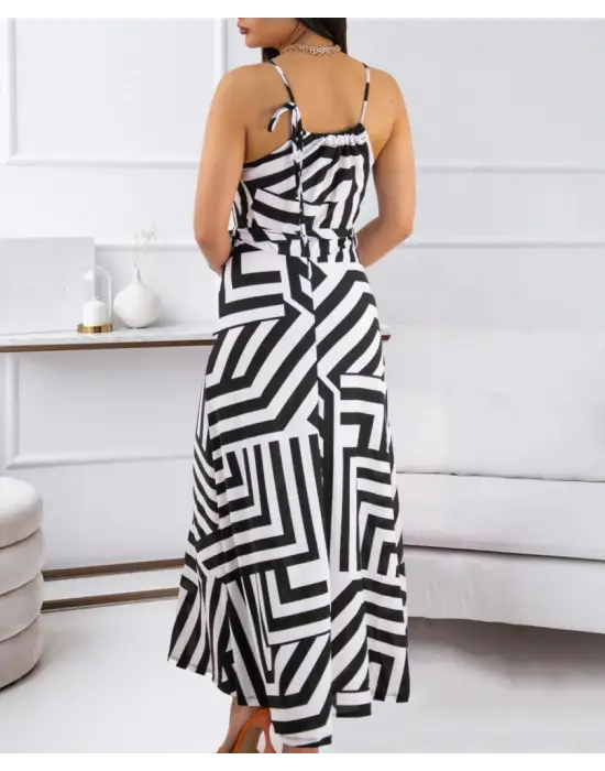 Kadın Askılı Belden Bağlamalı Geometrik Desen Krep Elbise