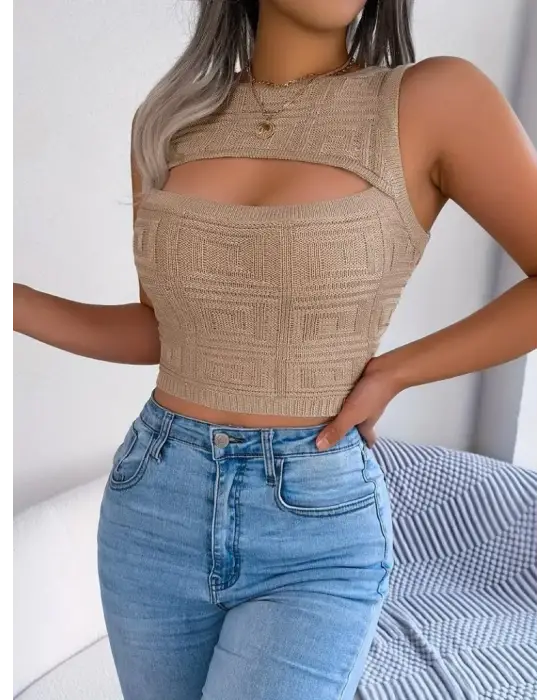 Omarı Dekolteli Triko Crop Bluz