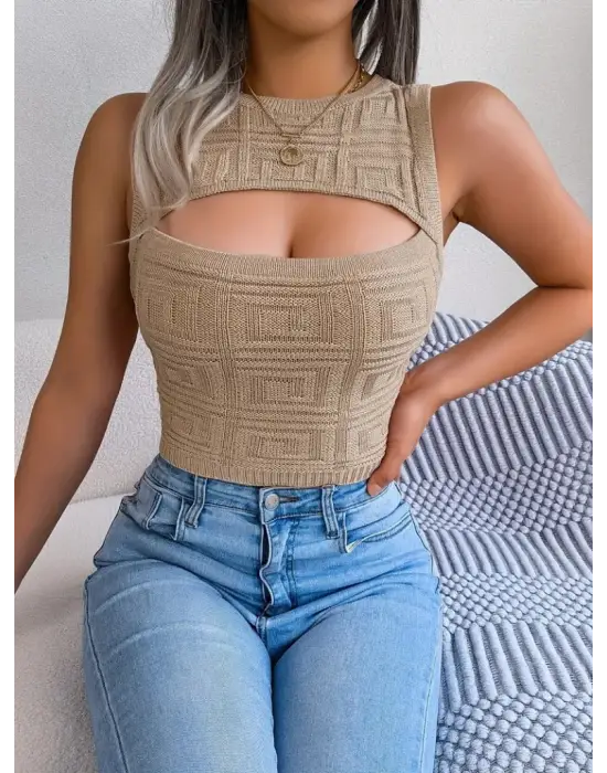 Omarı Dekolteli Triko Crop Bluz