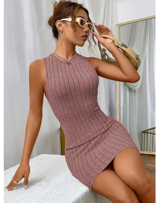 Kadın Askılı Bisiklet Yaka Kalın Fitilli Kaşkorse Mini Elbise