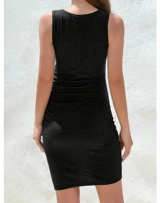 Kadın Askılı Bisiklet Yaka Yandan Büzgülü önden çapraz Detay Viskon Kısa Elbise