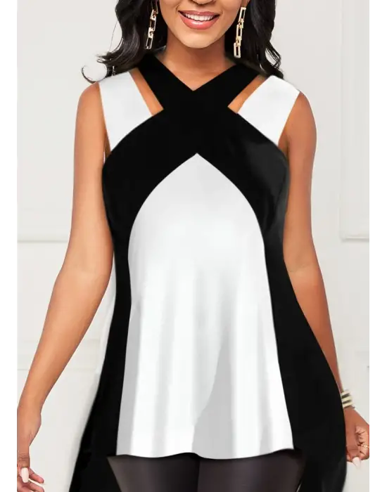 Kadın Askılı Boyundan çapraz Halter Yakalı çift Renkli Viskon Bluz