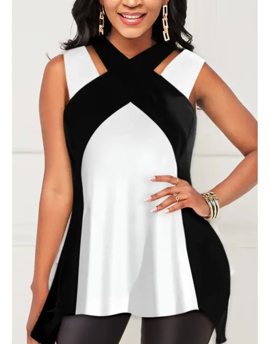 Kadın Askılı Boyundan çapraz Halter Yakalı çift Renkli Viskon Bluz