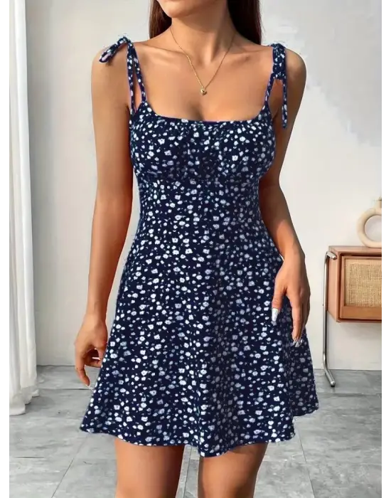 Omarı Çiçek Desenli Mini Elbise