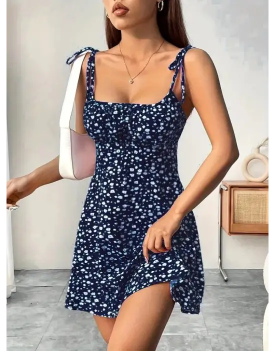 Omarı Çiçek Desenli Mini Elbise