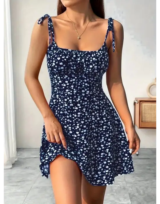 Omarı Çiçek Desenli Mini Elbise