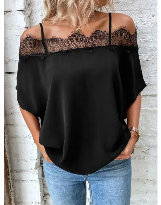 Kadın Askılı Dantel Janjan Krep Bluz