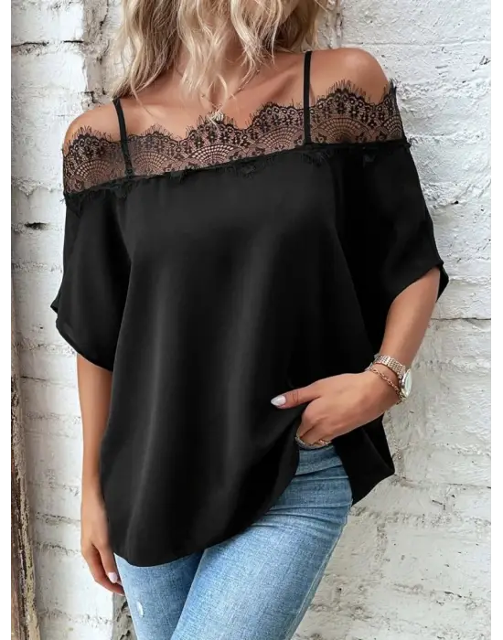 Kadın Askılı Dantel Janjan Krep Bluz