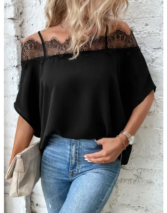 Kadın Askılı Dantel Janjan Krep Bluz